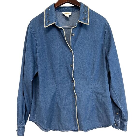 Talbots Tops - Talbots Chambray Shirt Large Button Up Blue Embroidered Collar